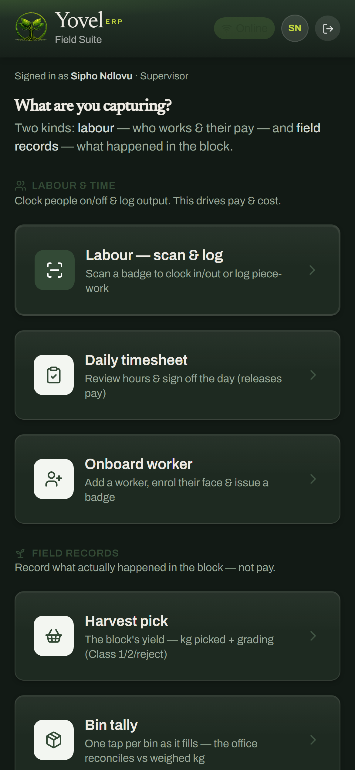 The Yovel Field Suite on a phone, showing the capture screens a worker can open.